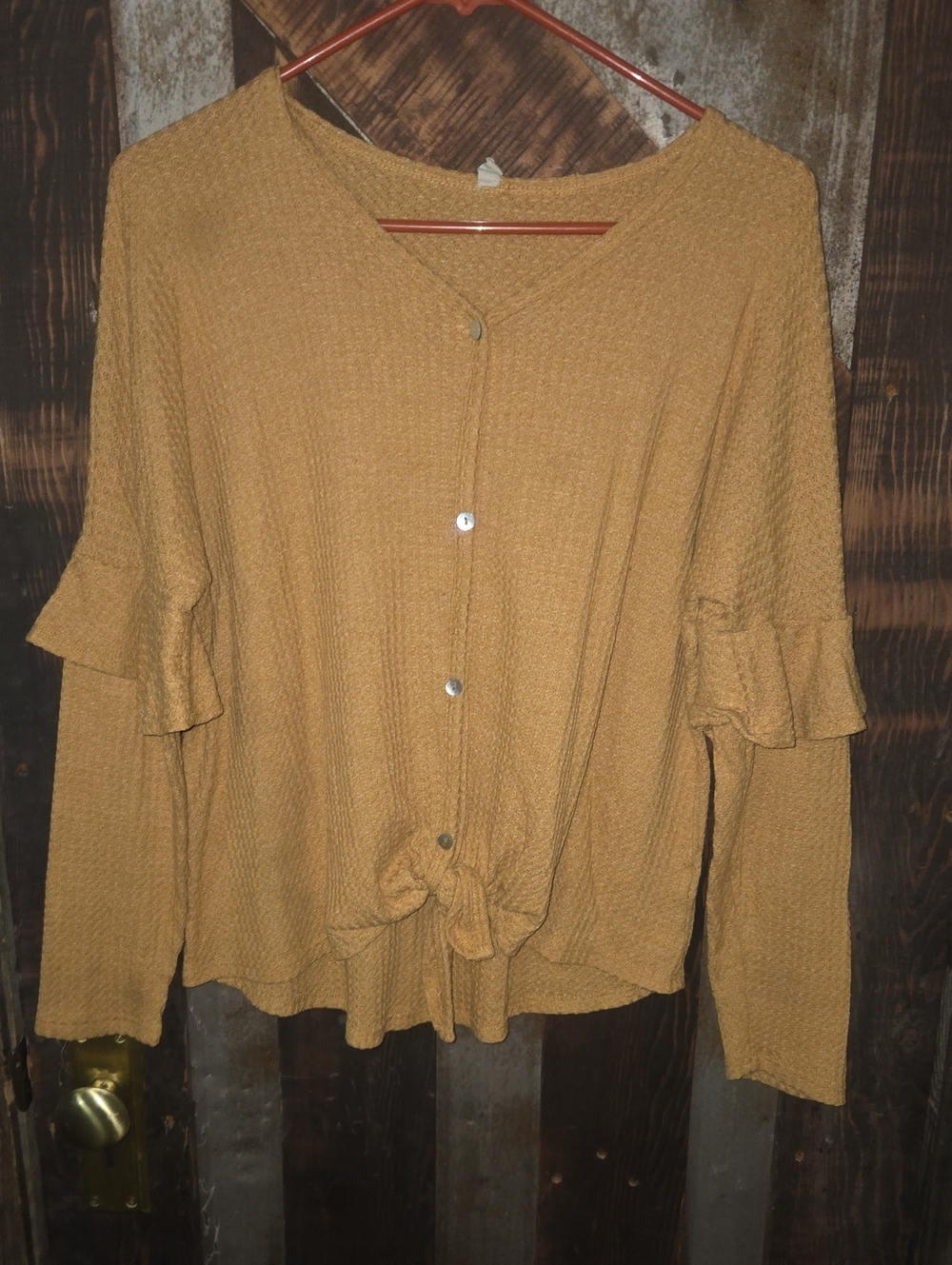 Pinkblush Mustard Button-Front Ruffle Sleeve Knit Top